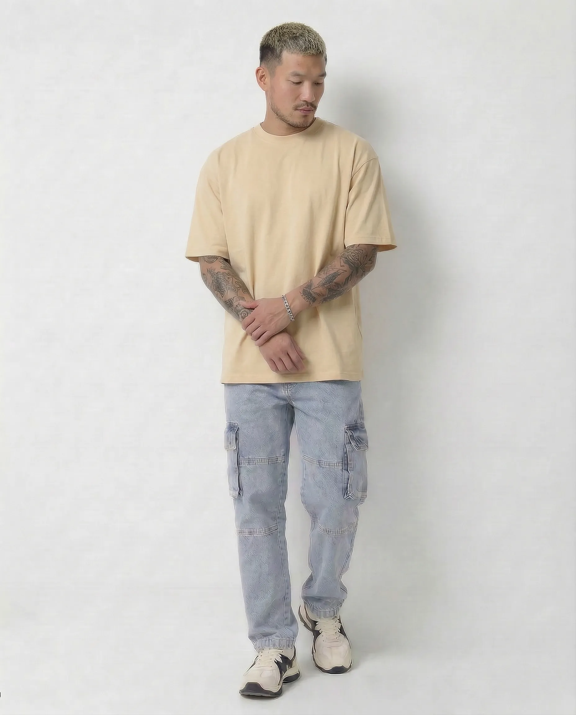 beige oversized solid color roundneck t shirt