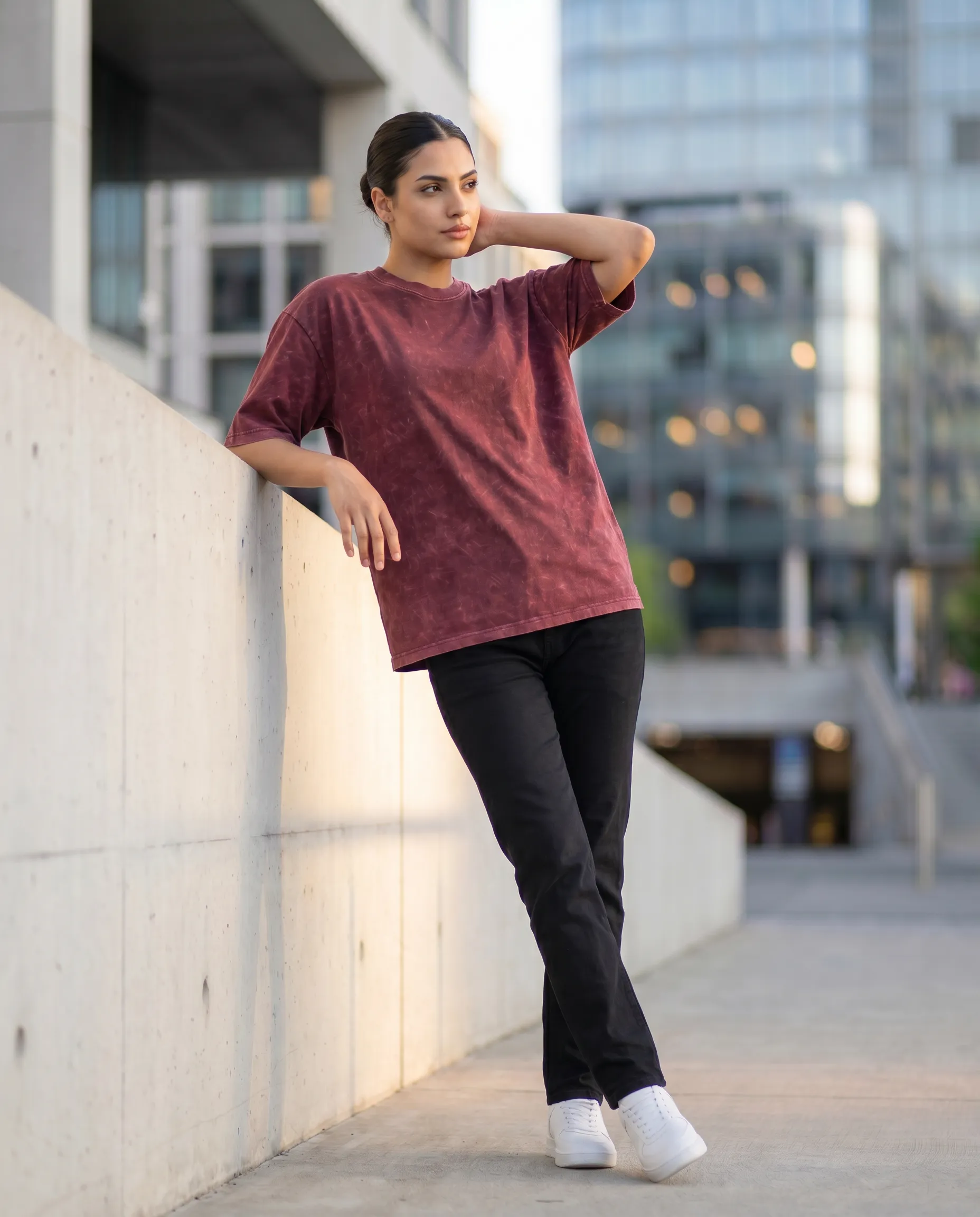 acid wash maroon oversized round neck t shirt