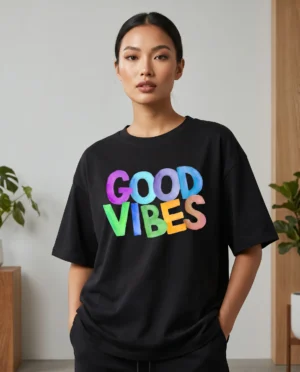 good vibes oversized round neck t shirt women