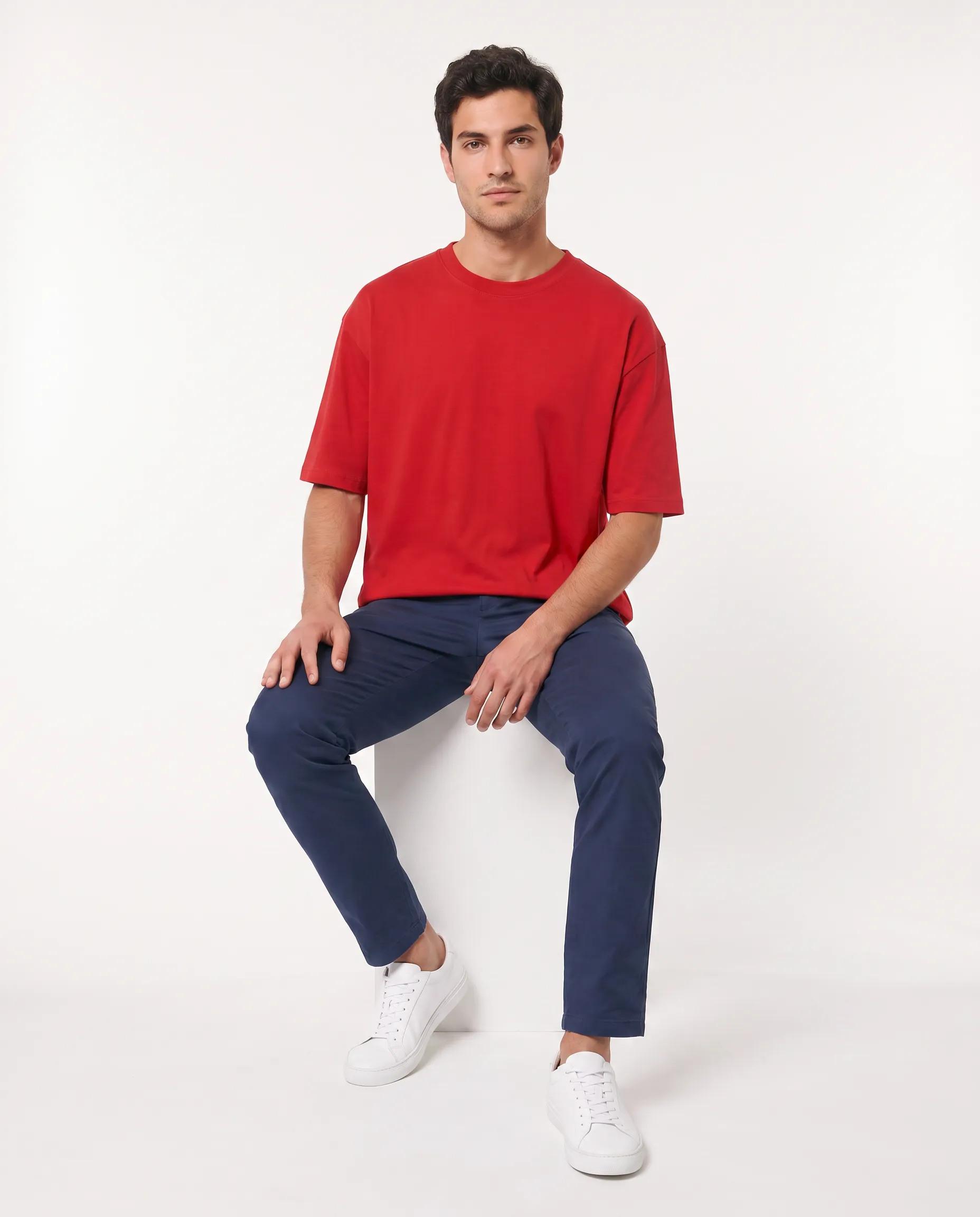 oversized drop shoulder round neck t shirt red